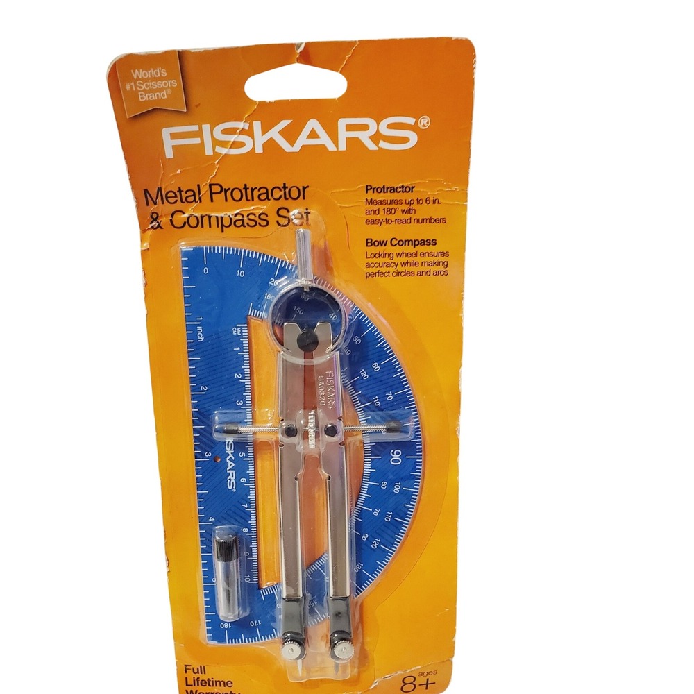 Fiskars Metal Protractor and Bow Compass Set Blue 6 Inch 156590 Drafting Tool